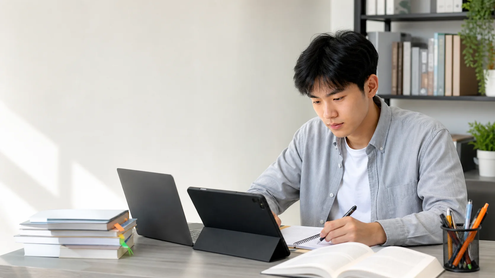 使用电脑与平板专注备考的学习者